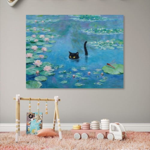 Hidden Frame Canvas Wall Art - Monet Water Lily Style Black Cat in Pond Fresh Popular Wall Decor for Kids’ Room & Living Room 16x12in