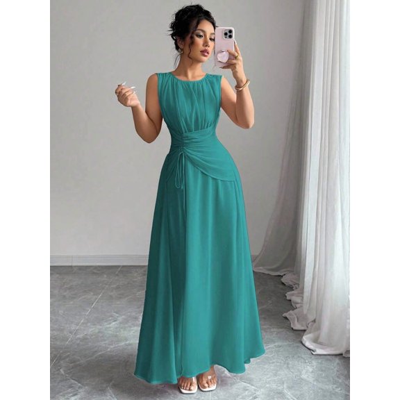 Teal Blue Womens Sleeveless Chiffon Maxi Dress With Drawstring Waist And Pleated Back