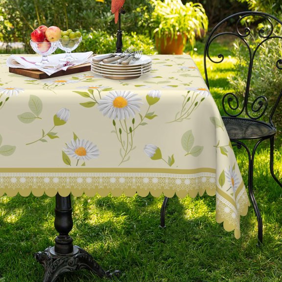 Nanqianyi Daisy Flower Washable Tablecloth 60" x 84" Spring Wildflowers Waterproof Table Cover For Picnic Party