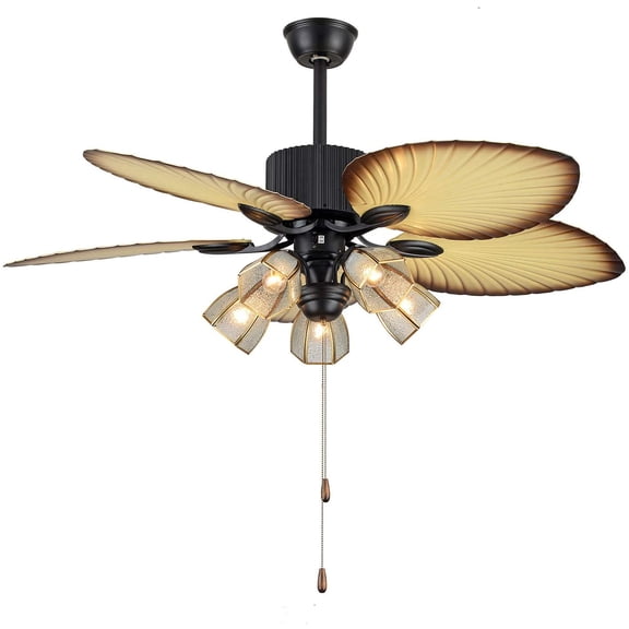 Ceiling Fan with Lights Remote Control, 52'' Tropical Ceiling Fan Light with 5 Glass Lampshade, Reversible Palm Wooden Leaf Ceiling Fan for Living Room Bedroom Kitchen