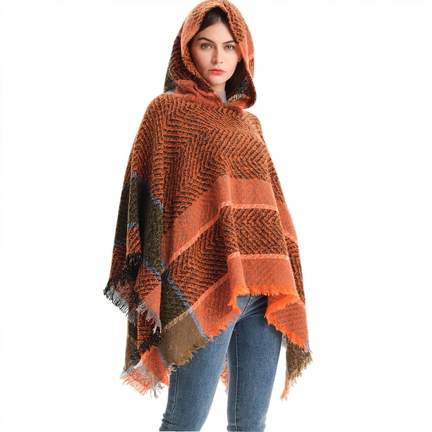 Poncho con capucha y estampado azteca bohemio para mujer con borlas