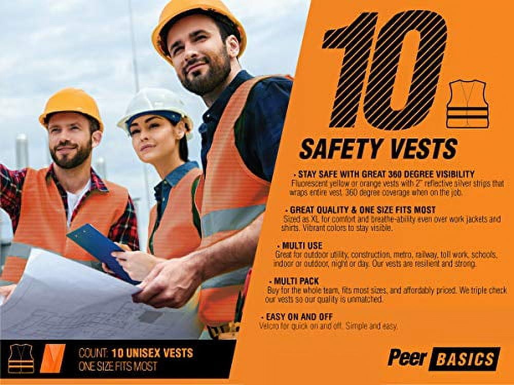 PeerBasics, 10 Pack, Orange Reflective High Visibility Safety Vest, Hi Vis Silver Strip, Men & Women, Work, Cycling, Runner, Surveyor, Volunteer, Crossing Guard, Road (Orange Mesh, 10)