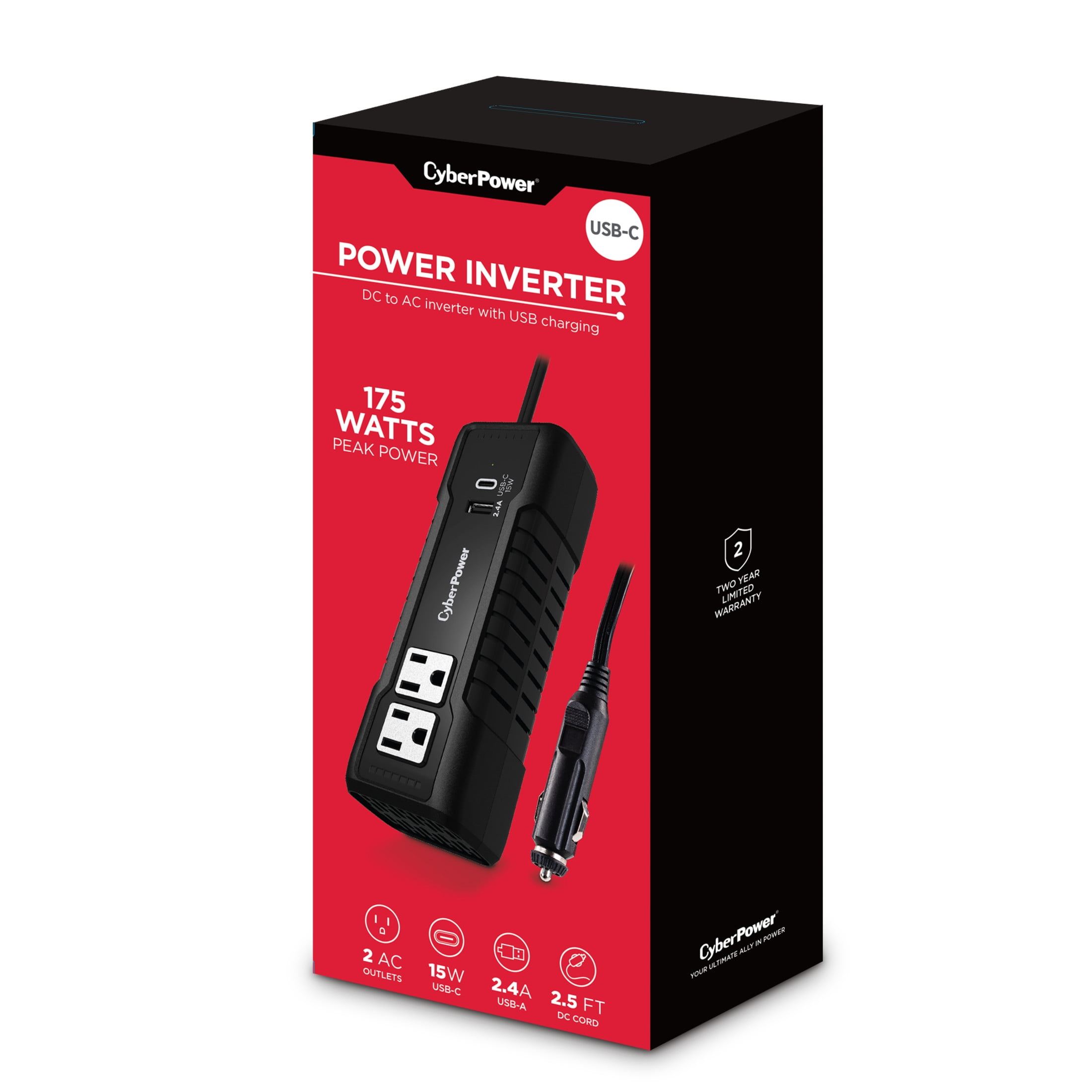 CyberPower M175XUC - 175W Black Power Inverter with 2 AC Outlets, 1 USB-C & 1 USB-A Port, 2.5 ft Cord