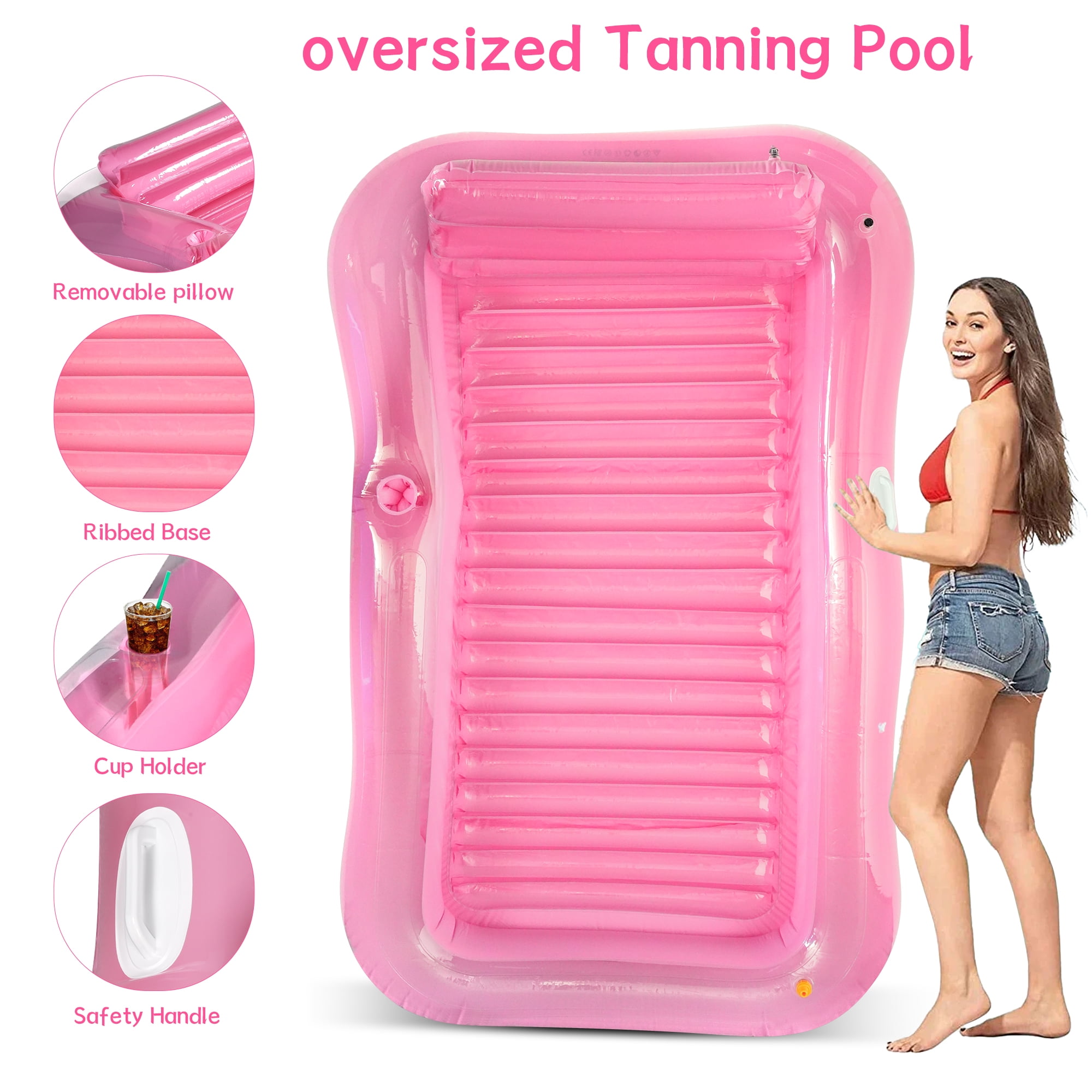 Inflatable Tanning Pool Lounger Float with Sprinkler, 81" x 52" Pool Floats Adult with Pillow, all in one Suntan Tub Raft Floatie with Drink Holder Sunbathing Water Lounge (Clear Pink)