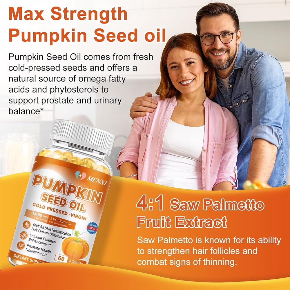 MENXI Pumpkin Seed Oil 3500mg, Cold Pressed Softgels for Hair Growth & Immune Support - 2 Bottles (60 Softgels Each)