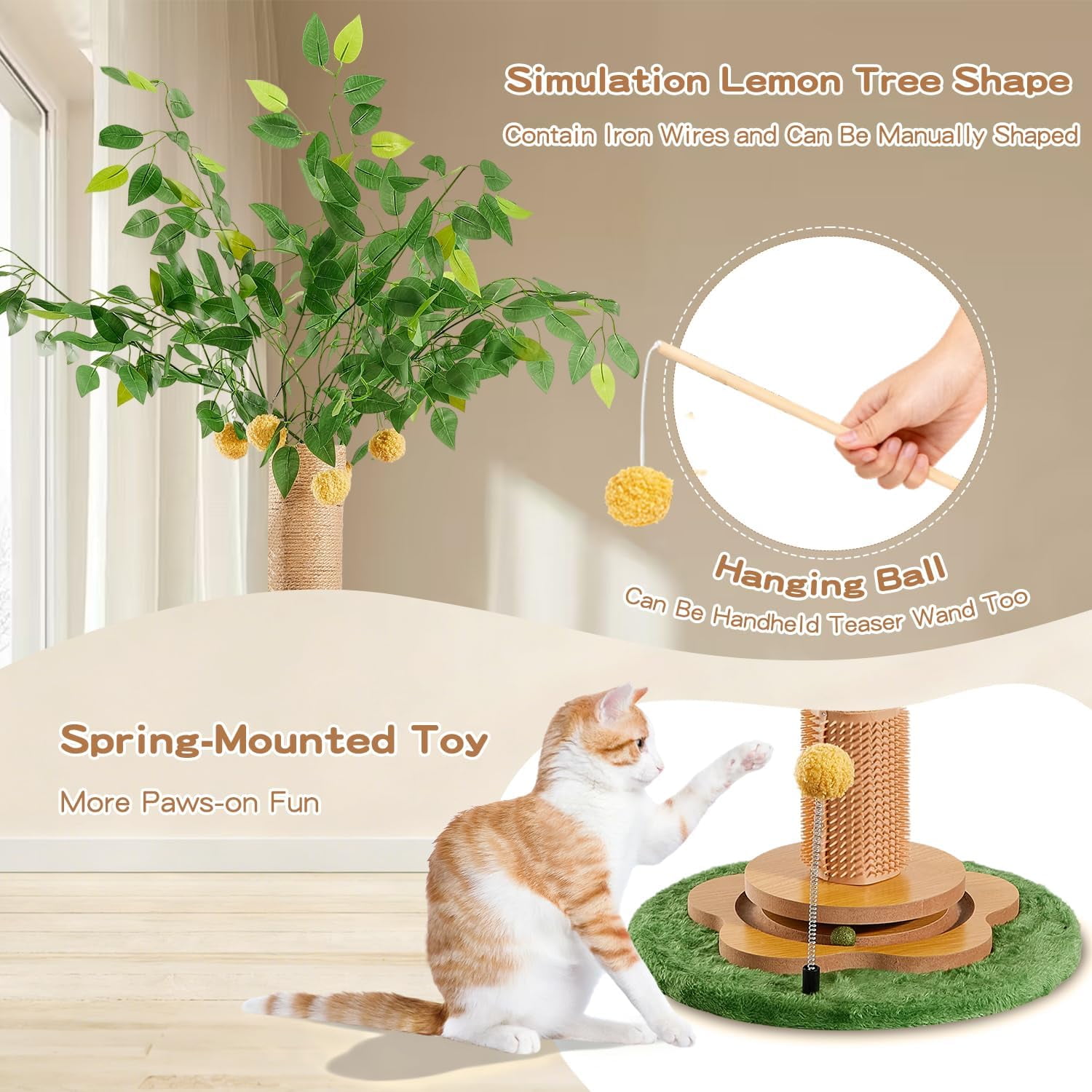 45 Tall  Scratching Post with Sisal Rope for Indoor Cats Adults Kittens,  Tree Scratcher with Hanging Balls,  Groomer, Track Balls