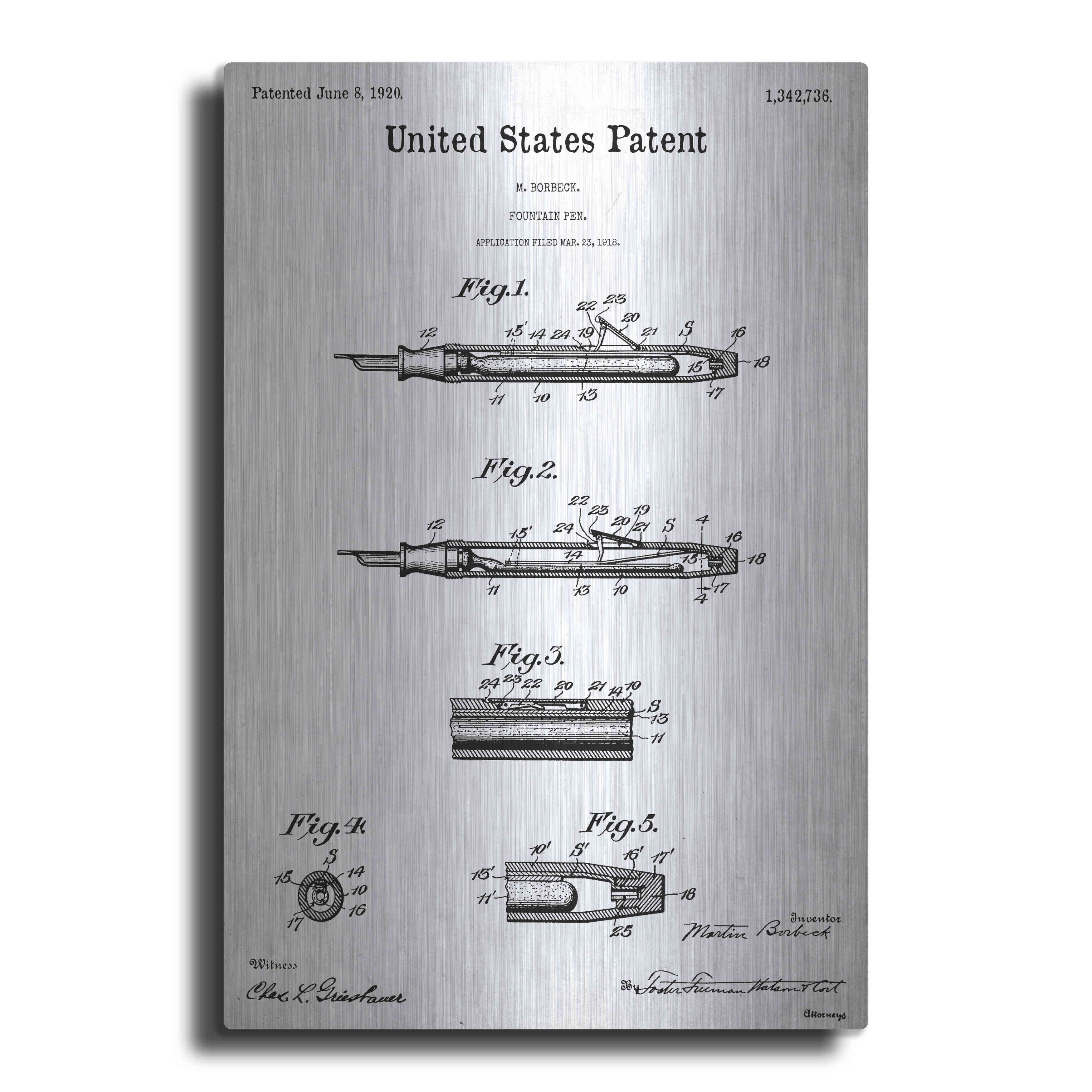 Luxe Metal Art 'Fountain Pen Blueprint Patent White' Acrylic Glass Wall