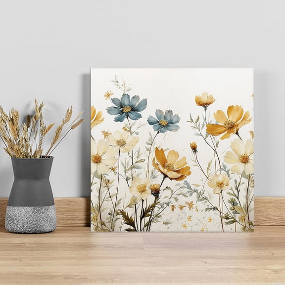 Yellow Blue Spring Floral Wall Art Painting on Canvas, Watercolor Summer Botanical Canvas Art Home Prints Wall Art Framed Modern Artwork for Living Room Bedroom Wall Decor 8x8in