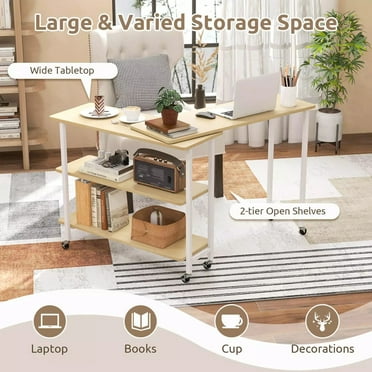 Harmijoy 360° Rotating Sofa Side Table, Mobile End Table Couch Side Table with 2-Tier Storage Shelves, Swivel Rolling Desk w/ Metal Frame