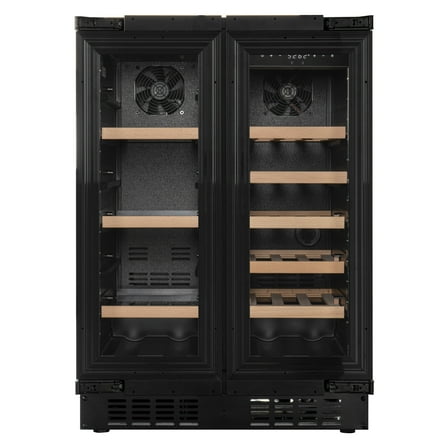 KoolMore Reserve 24 in. French Door Dual Zone Panel Ready Under-Counter Cooler with Wooden Shelves and 20 Bottle Capacity in the Right Zone and 2.1 Cu. Ft. on the Left in Black (KM-CWB24-WPR)