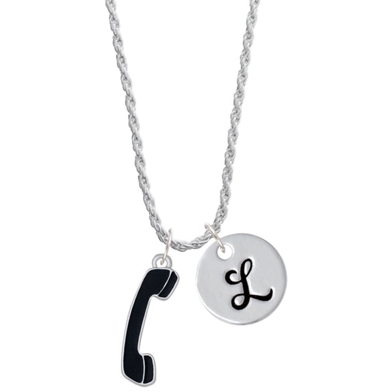 Delight Jewelry Silvertone Black Telephone Silvertone Script Initial Disc - L - Charm Necklace, 20"+3"