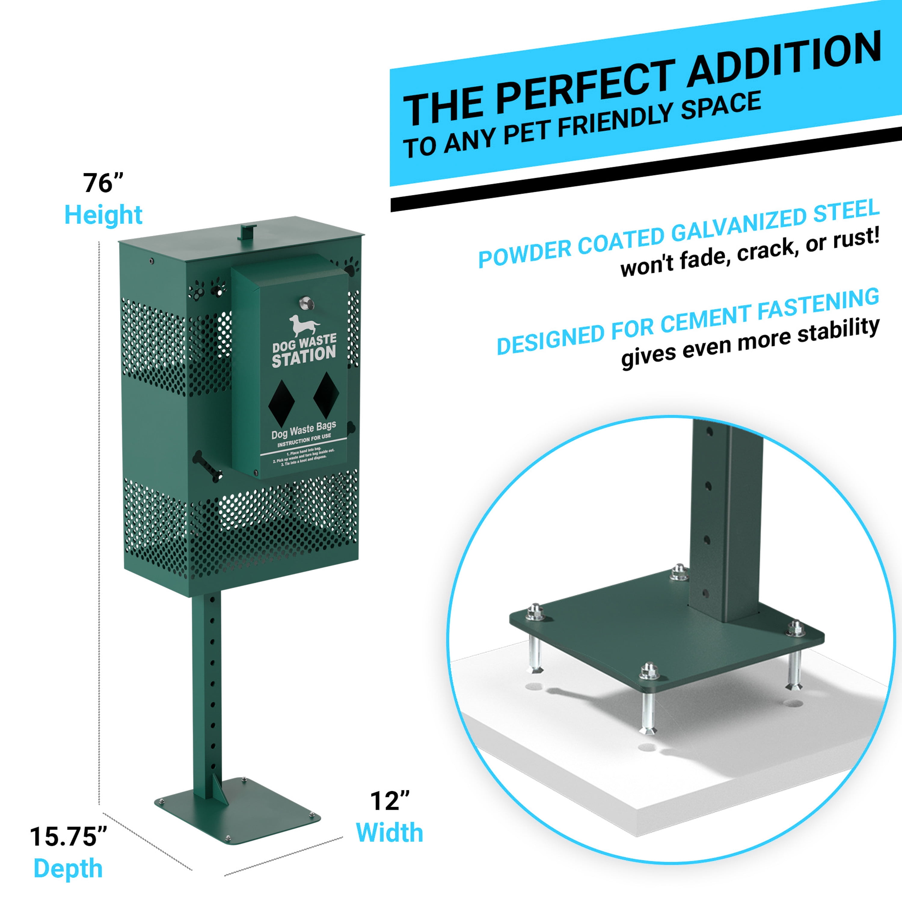 Emma + Oliver Compact Dog Waste Station with Rectangular Lidded Trash Can and Locking Roll Waste Bag Dispenser in Green