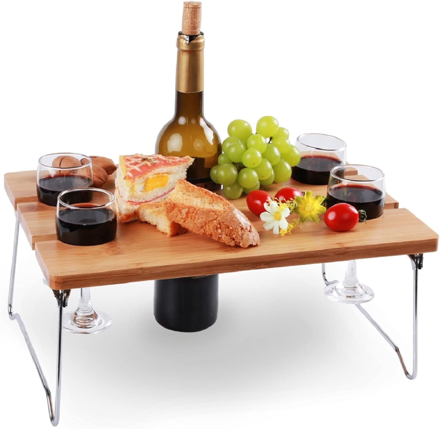 Bpc Large Folding Bamboo Picnic Table with 4 Wine Glasses Holder, Oak