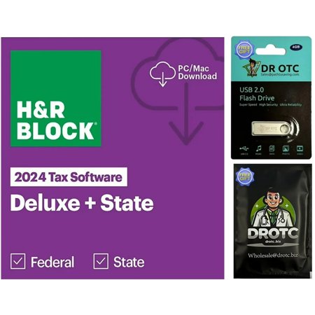 H&R Block - Tax Software 24 Deluxe + State Win/Mac WAL ESD - Brand New - BONUS FREE Dr OTC Eyelid Cleansing Wipe + FREE Dr OTC USB Drive 4GB