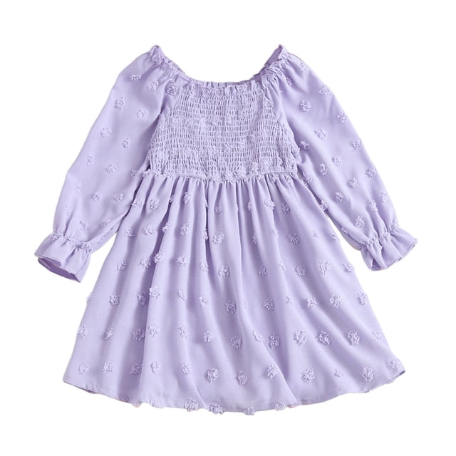 HXWCHs Robe à Manches Longues Filles Élégante Robe Smockée à Étages avec Imprimé Floral Lettrage Brodé Manches Longues Encolure Carrée à Volants Tenue Décontractée de Fête Violet 4-5 Ans