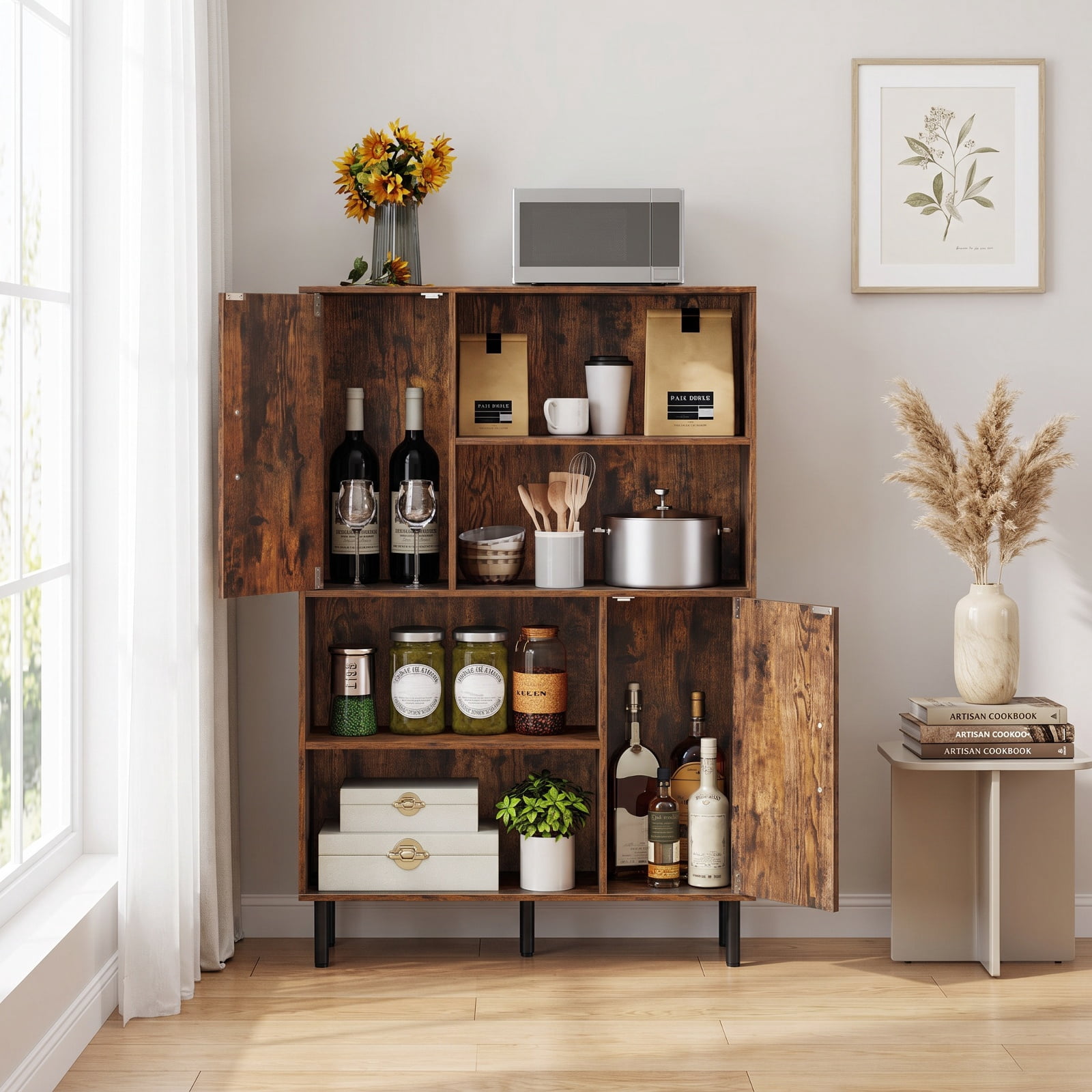 Furnibear 47 Inch Storage Cabinet Freestanding Bookcase with 2 Doors and 4 Open Shelves for Living Room Home Office Bedroom Display, Rustic Brown