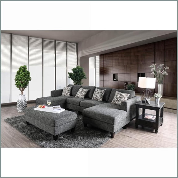 Transitional Gray Chenille 5-Piece Sectional Sofa Set with Ottoman & Pillows – Plush Living Room Furniture | Gray | Chenille | Solid Wood