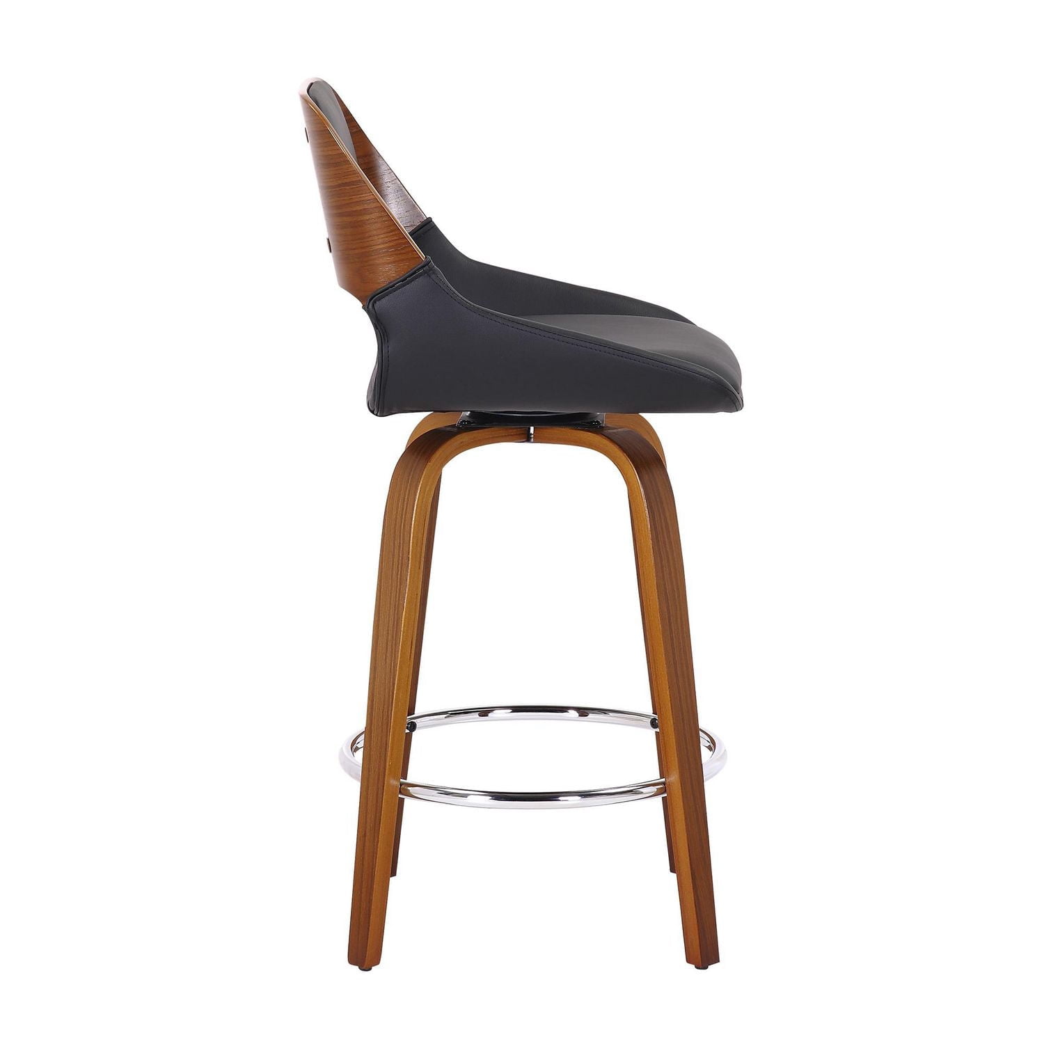 Mid-Century Faux Leather and Wood 26" Counter Stool with Swivel - Black and Walnut