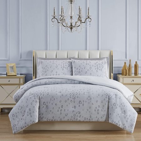 King Comforter Set - Valentina Leopard 3-Piece Machine Washable Bedding Comforter Set - 100% Polyester, White