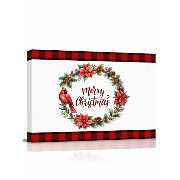 Merry Christmas Canvas Print Wall Art Xmas Poinsettia Cardinal Bird Wreath Holly Pine Cone Red Plaid Pictures Painting Morden Artwork for Living Room Bedroom, Ready to Hang - 12"x16"