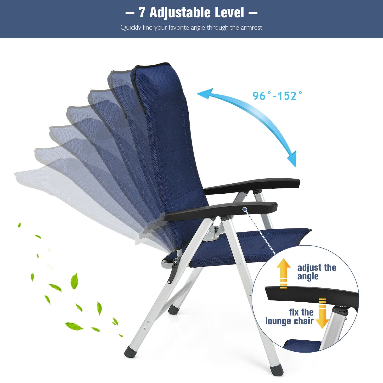 Patiojoy 2PCS Outdoor Patio Folding Dining Chairs with Reclining Backrest and Headrest Navy