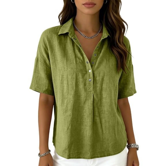 Women's Cotton Linen Polo Shirt, Casual Short Sleeve Summer Top, Button Down Blouse