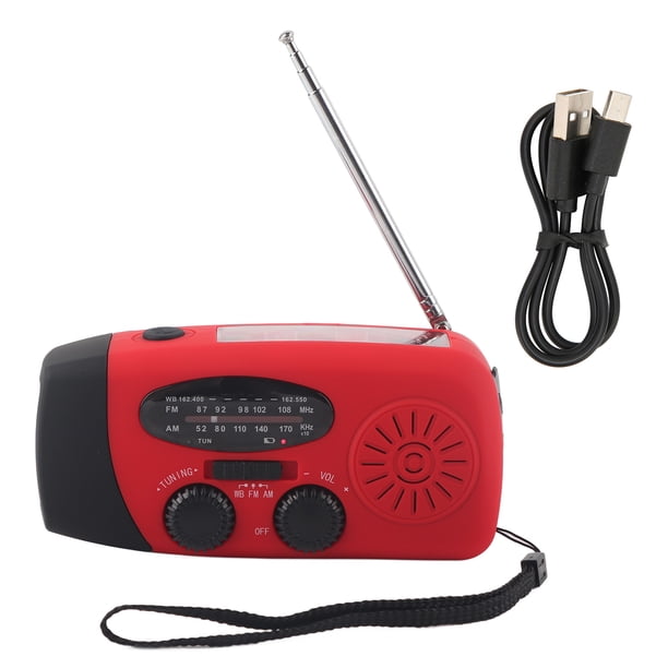 Radio meteorológica de emergencia con energía solar, dinamo manual, AM/FM/WB, linterna LED y cargador, color rojo