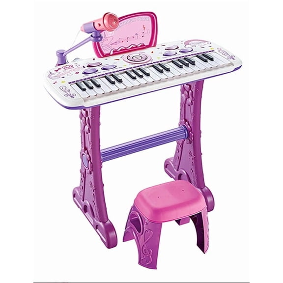 Piano Musical Infantil Electrico Con Banco Y Microfono Niños Violeta