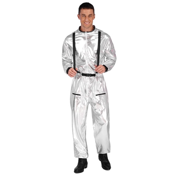 Raenseen Mens Metallic Shiny Mock Neck Long Sleeve Jumpsuits Zipper Bodysuit Silver 3XL