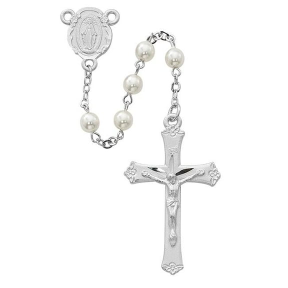 McVan R439RF 6 mm Pearl Like Glass Cross Rosary Set - White