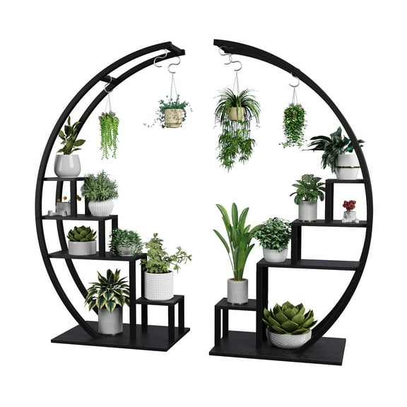 Tzou 56" Heavy Duty Metal Plant Stand Indoor Outdoor - 5-Tier Corner Shelf w/ Hanging Hooks, Rust-Proof Flower Display Rack for Multiple Pots, Garden, Balcony, Living Room