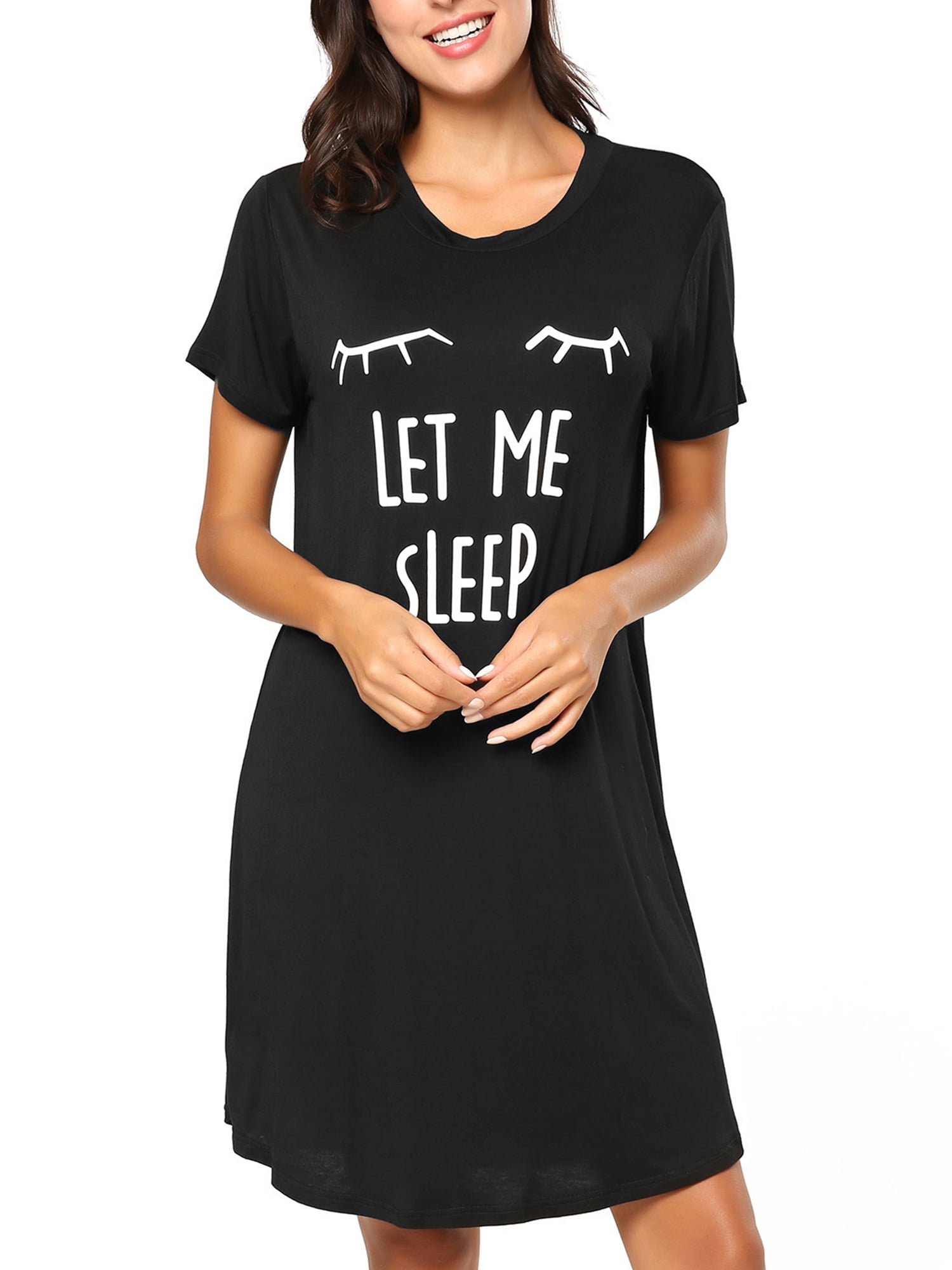 Unifizz Women Solid Nightdress V Neck Short Sleeve Sleepshirts Soft Lounge Wear Comfy Nighties T-Shirt Dress with Pockets 