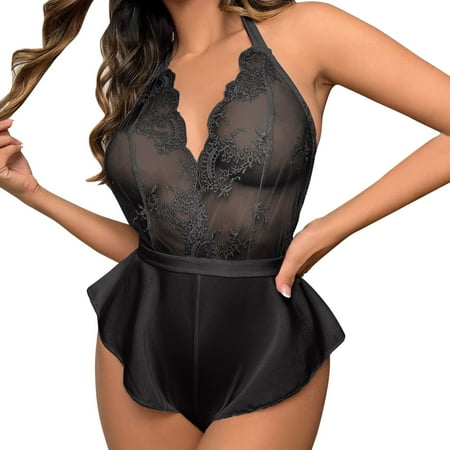 adviicd Plus Size Lingerie Lingerie for Women Teddy Lingerie Floral Lace One Piece Lingerie Deep V Bodysuit Strappy Lingerie Black 2XL