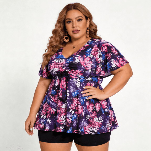 Atercel Plus Size Swimsuit for Women Drawstring V-Neck Ruffle Sleeve Two Piece Swimdress with Shorts