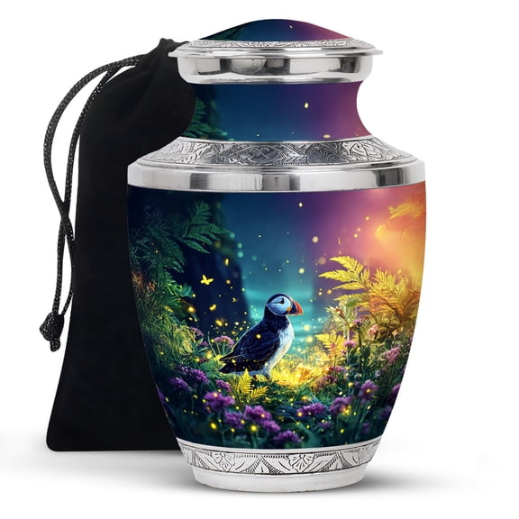 KARYLIZ Puffins Cremation Urns for Human Ashes - Aurora Glowing Meadow Decorative Urns for Human Ashes Adult Male - Blue Burial Urn for Cremated Remains - Large Memorial for Female Mom & Dad (10inch)