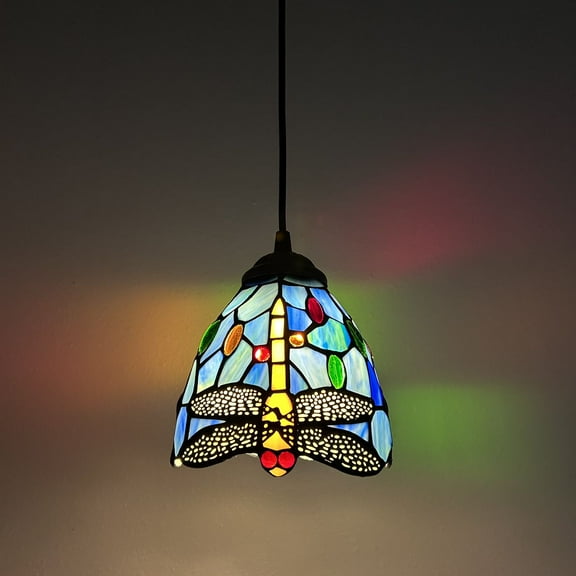 Tiffany Style Mini Hanging Lamp Blue Stained Glass Dragonfly LED Bulb Included 6”W*6”D*50”H