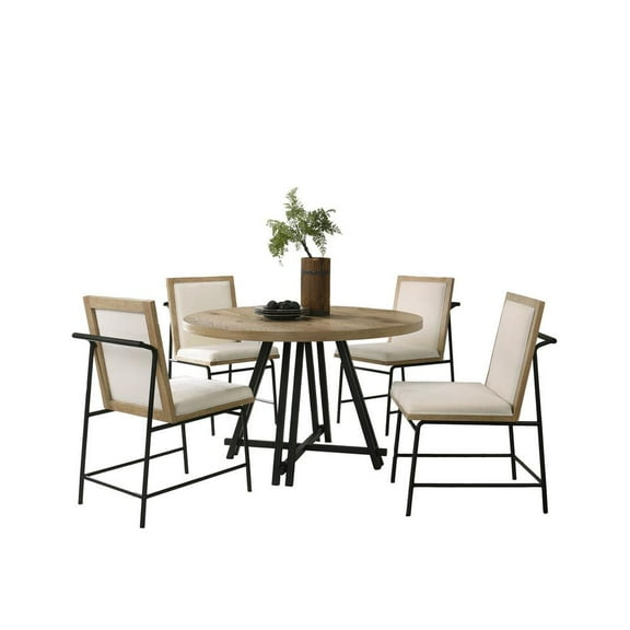 Lilola Home Tate Oak Finish 47" Round Dining Table Set with Cream Color Upholstered Chairs