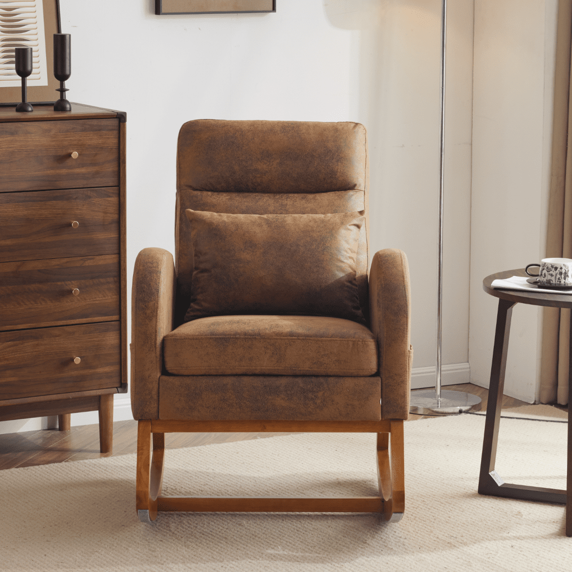 Rocking Chair Nursery with Thick Headrest, Upholstered Modern Nursing Rocker Glider with Curved Armrest, Sturdy Solid Wood Base for Living Room, Bedroom, Baby Room, Burnt Orange