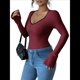 thumbnail image 2 of Camisetas Ajustadas con Cuello en Forma de Corazón para Mujer, Tops de Punto Acanalado con Mangas Largas Acampanadas Vino Tinto L, 2 of 7