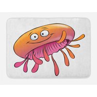 Orange and Pink Bath Mat, Cartoon Style Funny Jellyfish Swimming and Smiling Happy Sea Animal, Non-Slip Plush Mat Bathroom Kitchen Laundry Room Decor, 29.5 X 17.5 Inches, Orange and Pink, Ambesonne