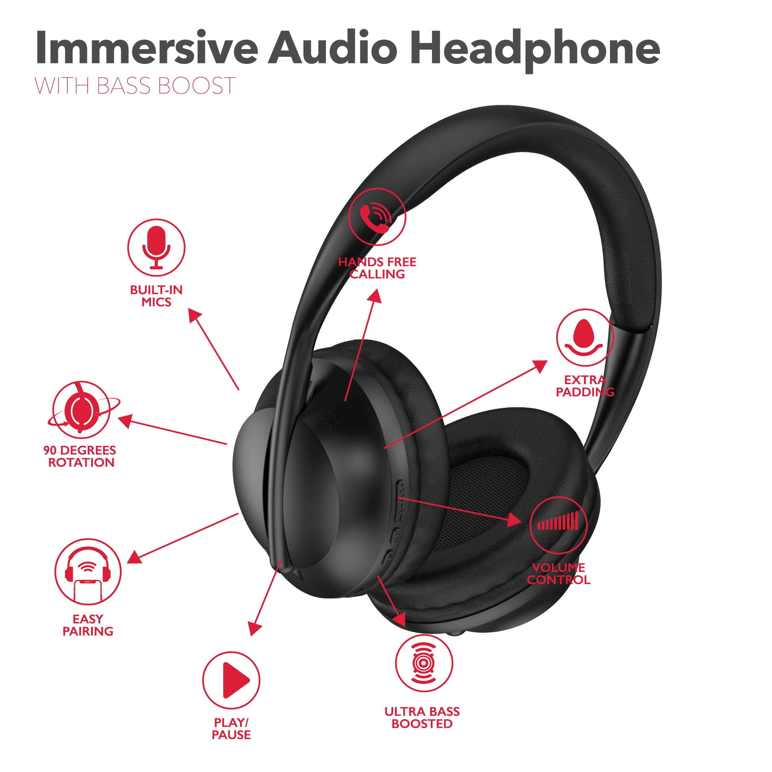RCA Wave-55 Bluetooth Headphones, 40H Playtime, Hi-Res Audio, Black