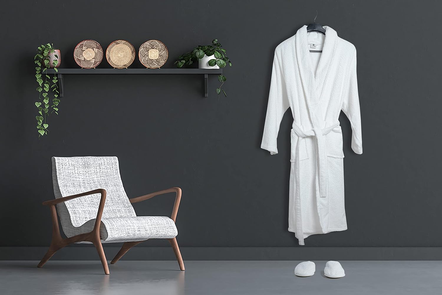 BIOLINEN Premium 100% Cotton Terry Bath Robe with Shawl Collar and FREE Slippers - Unisex Spa Robe for Men & Women, Soft and Absorbent