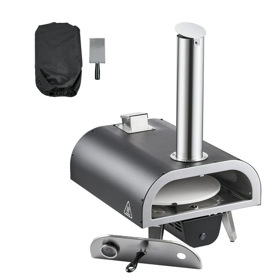 KFFKFF Outdoor Pizza Oven, 12-inch Wood-Fired Pizza Cooker with Thermometer & Electric Rotating System, Portable Pizza Maker for Backyard, Patio, Camping, Includes Pizza Stone, Carrying Bag