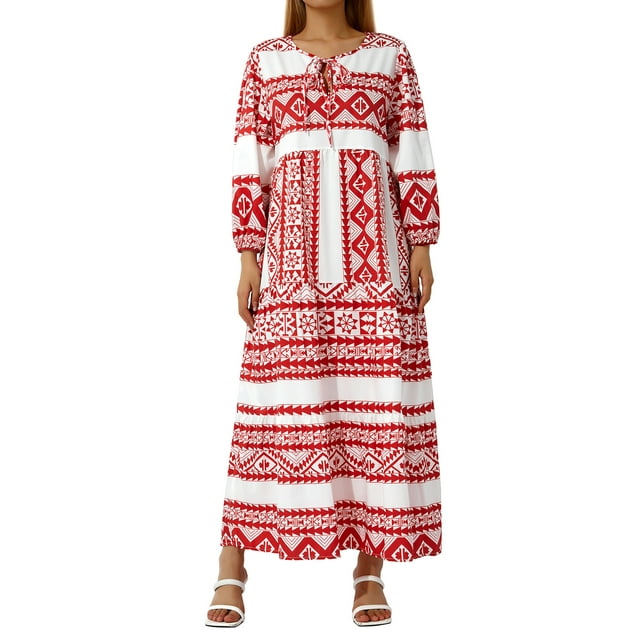 Kmbangi Robe Longue pour Femmes à Imprimé Géométrique, Col en V, Manches Longues Bouffantes, Coupe Ample, Robe Mode pour le Printemps et l'Été