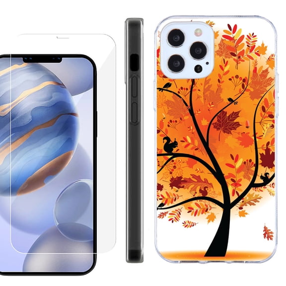 Slim Fit Protective Phone Case for Apple iPhone 12 / iPhone 12 Pro, with Tempered Glass Screen Protector, by OneToughShield ® - Golden Tree