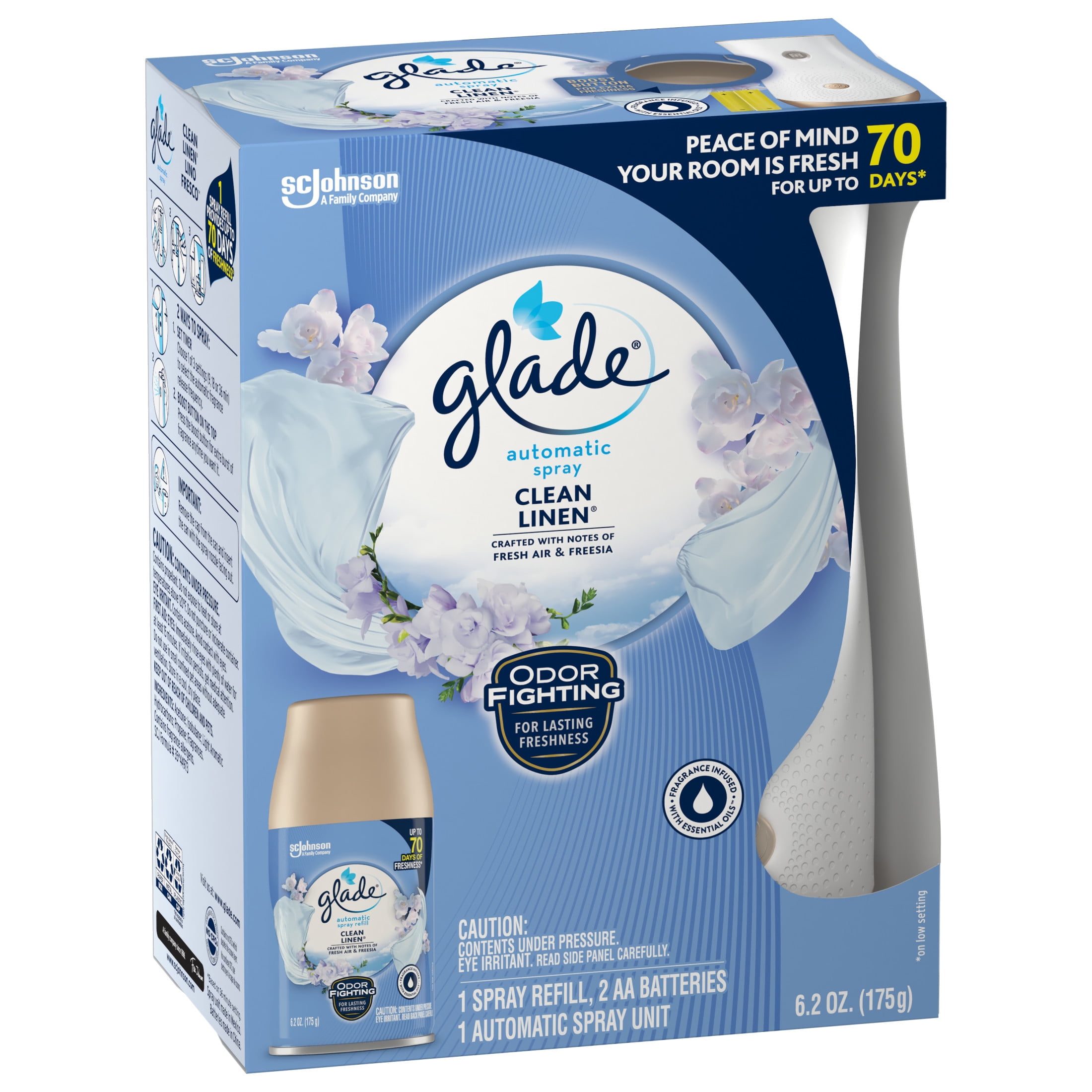 Glade Automatic Spray Air Freshener Starter Kit, 1 Holder and 1 Refill, Clean Linen, Fragrance Infused with Essential Oils, 6.2 oz, 2 Count