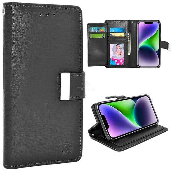 For Apple iPhone 14 6.1 inch Dual layer Shockproof Protection Double Flap Folio Card Slot Leather Magnetic Closure Wallet Pouch Case Cover Black