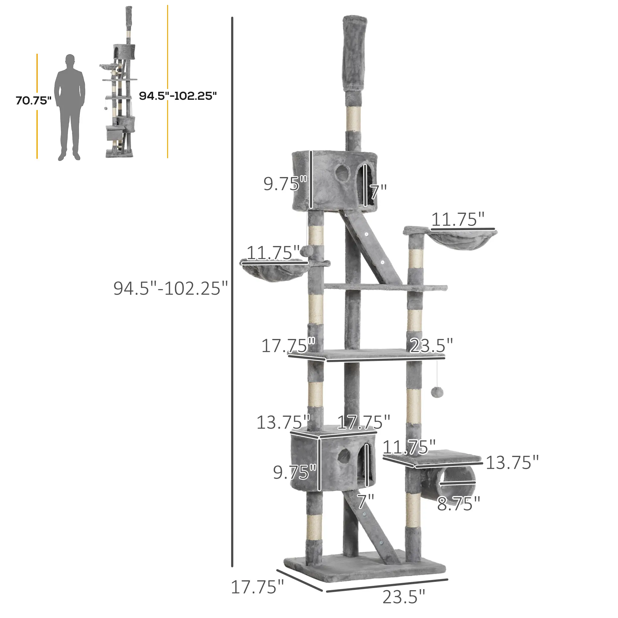 Zephypaws Cat Tree,94-103 Inches Floor to Ceiling Cat Tree-Adjustable Height, Tall Cat Climbing Tower for Cats Large Adult with Scratching Post,Cat Cando,Smoky Gray