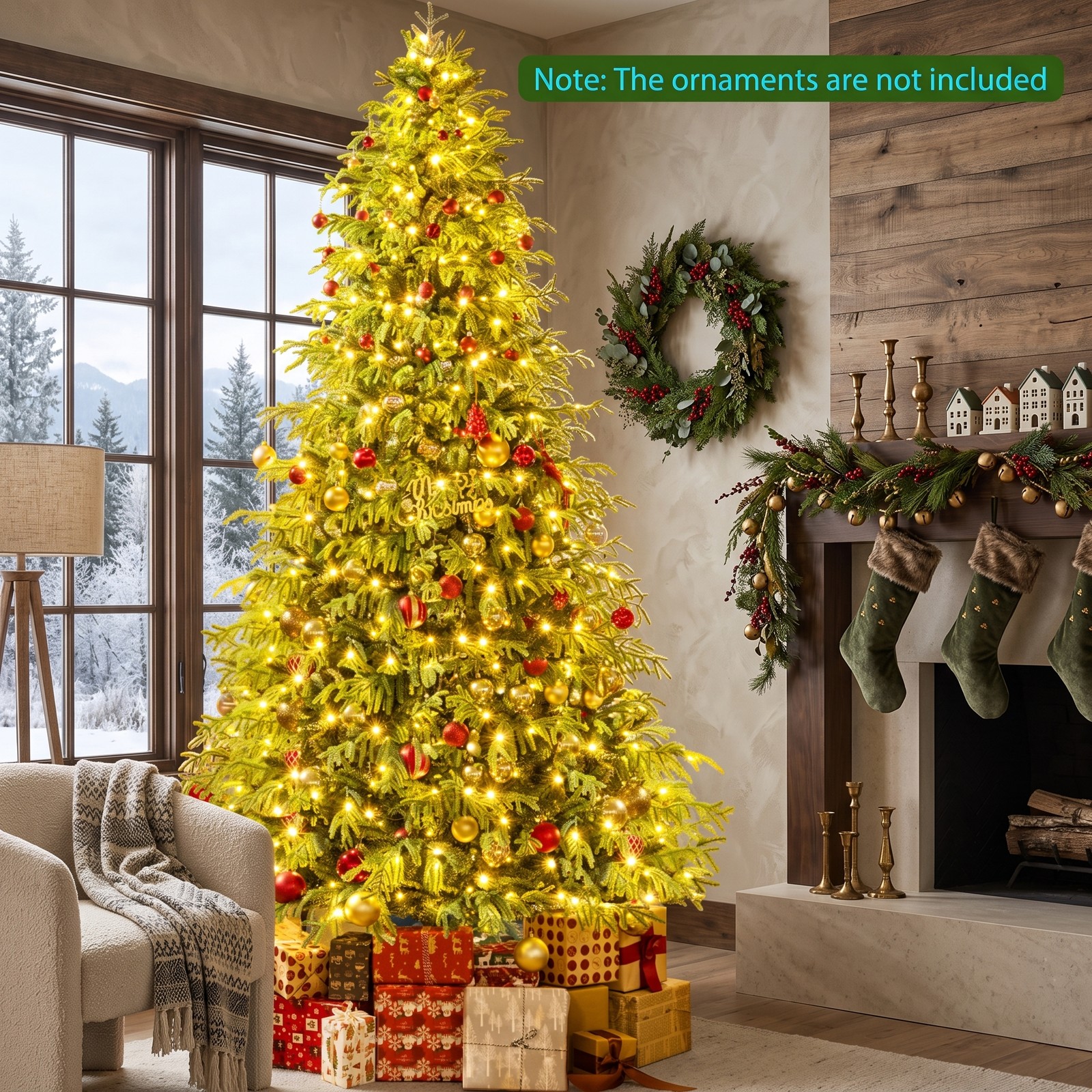 RUIE 8 FT Artificial Christmas Tree with 470 Warm White LED Lights, Pre-Lit Hinged Xmas Tree with 1470 PVC Mixed Branch Tips and Folding Metal Stand for Holiday, Green