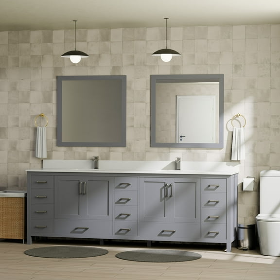 Jacques 84 in. W Dark Grey Double Bath Vanity, White Quartz Top, and 34 in. Mirrors